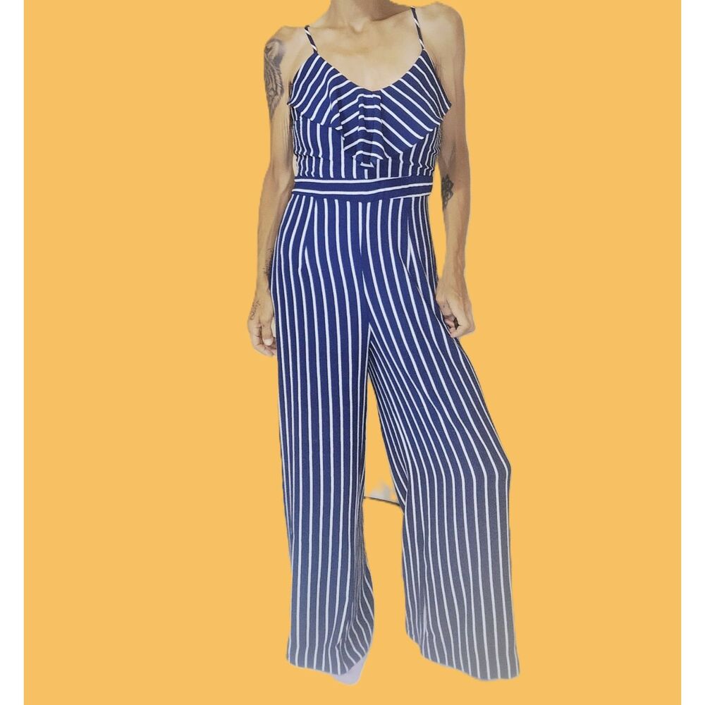 Shinestar Navy Blue Striped Ruffle Spaghetti Strap Wide Leg Jumpsuit Small Flowy